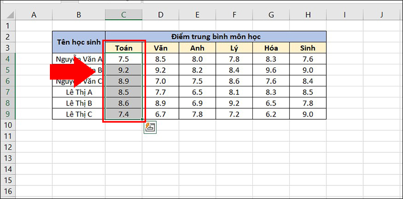 Chọn cột Toán